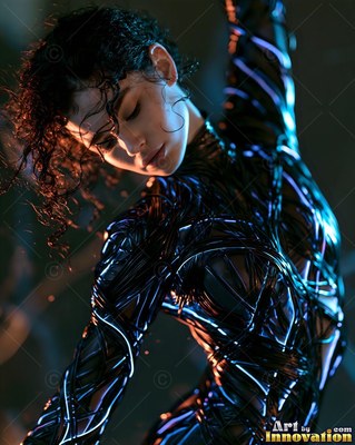 A woman arches her back in a dark wire suit touched with cool blue light