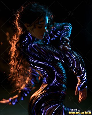 Turned sideways in the dark, a woman poses in a striped blue and purple bodysuit