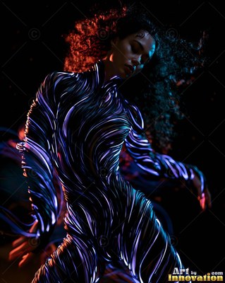 A woman dances in the dark wearing a bodysuit of purple and blue stripes