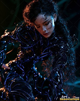 In dark shadows, a woman crouches in a suit of tangled black wires