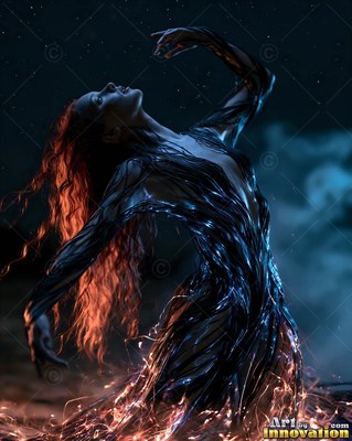Arching backward in the night, a woman moves in a dress made of dark twisted vines