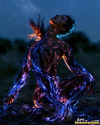 A kneeling woman covered in swirling blue and violet light ribbons