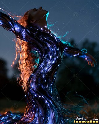 A gown of dark blue lighted strands wraps around a woman leaning back in a field at night