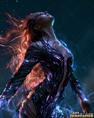 A woman arches her back as bright purple streaks cling to her dark outfit