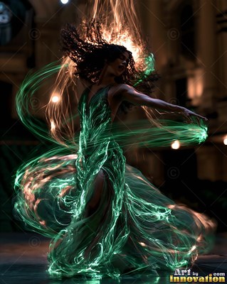 Leaning back in a dark hall, a woman spins in swirls of green light