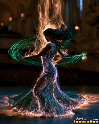 A woman moves in a dress of light with green trails spinning around her