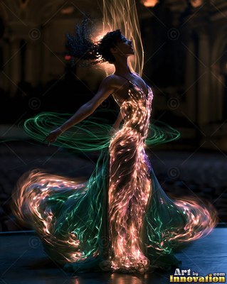 Twirling in the dark, a woman wears a dress made of warm pink and green light trails