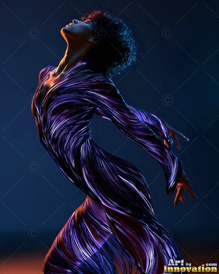 A dancing woman leans back in a striped purple dress
