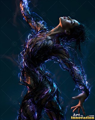 Arching her back in the dark, a woman is covered in purple strands