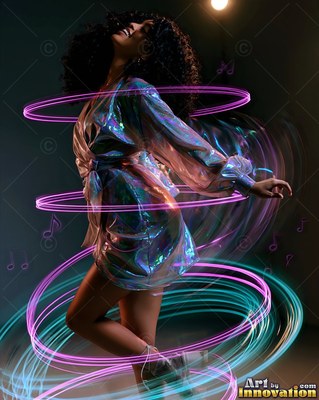 A smiling woman in a shiny robe dances inside loops of pink and cyan lines of light