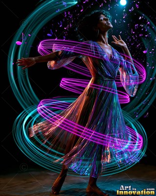 In a dark room, a woman spins in a shiny dress ringed by bright pink loops of light
