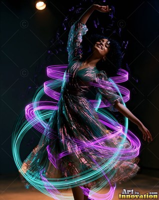 Spinning in a teal dress, a woman smiles inside swirls of pink and cyan traces of light