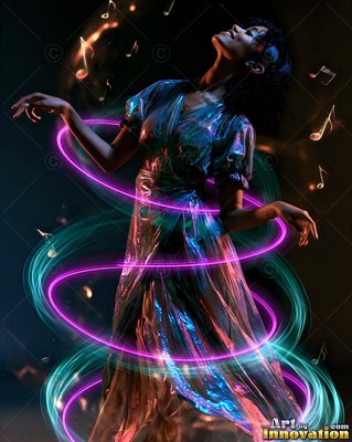 A woman dances in a dress with swirls of neon light