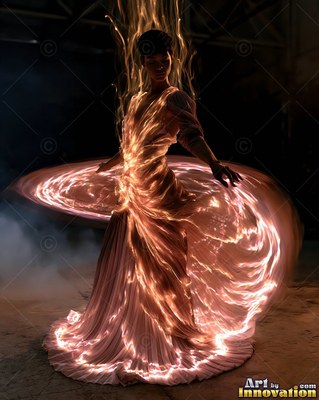Bright streaks of light line a woman's pleated gown in a dark studio filled with white smoke
