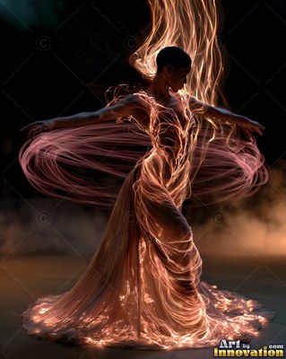 A woman dances with outstretched arms inside swirling trails of warm light