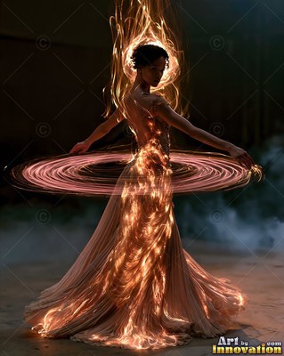 Turned away in a dark room, a woman twirls in a pleated dress rings of orange light
