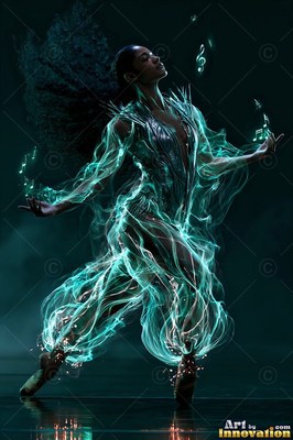 In a dark room, a dancing woman leaps in loose pants made of green traces of light