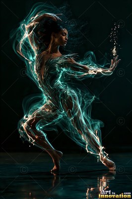 Leaping in the dark, a woman spins draped in green smoke and bright trails of light