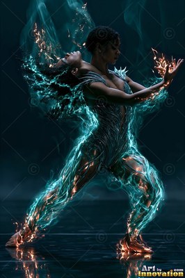 A dancing woman wrapped in bright teal and orange traces of light