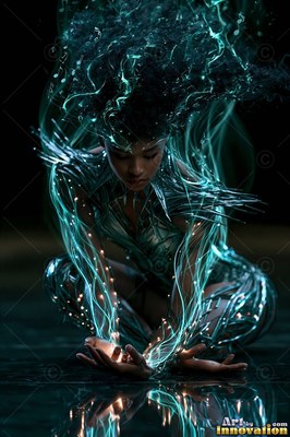 Metallic vines wrap a kneeling woman on dark glass as teal energy arcs through her hair