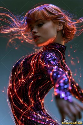 A woman turns while dancing as thin red light trails swirl through her purple outfit