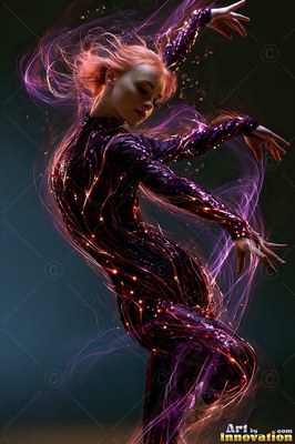 Twisting midair in a dark room, a woman twirls in purple light trails