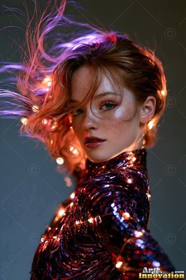 A woman in a sparkly top turns around as warm fairy lights blow through her hair