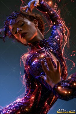 Against a dark blue background, a woman in a purple dress dances with trails of light