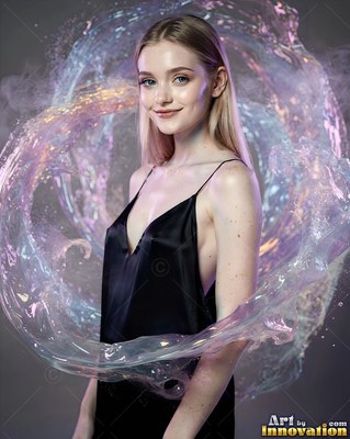 A cheerful woman in a black slip dress stands inside a swirl of shiny pastel water