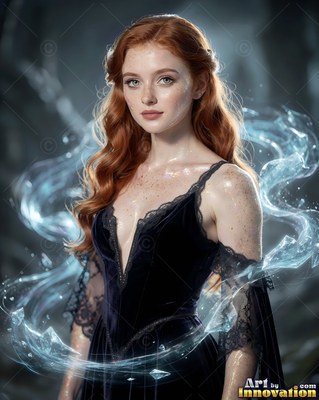 Facing forward in a dark forest, a red-haired woman wears a black dress with blue mist around her