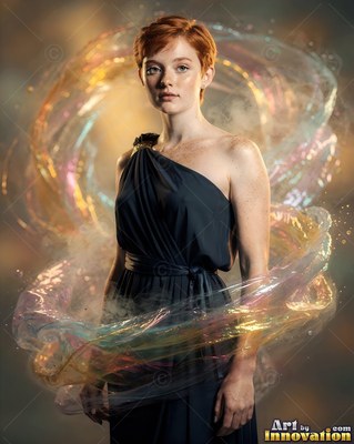 A red-haired woman in a dark dress standing inside a swirl of shiny mist