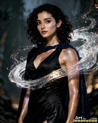 In a dark forest, a curly-haired woman in a black dress stands circled by bright light trails
