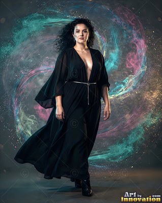 Walking forward in a black dress, a woman pauses inside swirls of teal and pink smoke