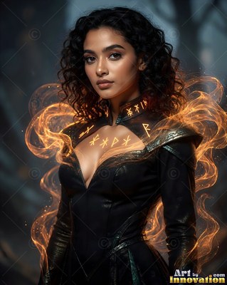 Woman in black leather dress with orange mist swirling around her