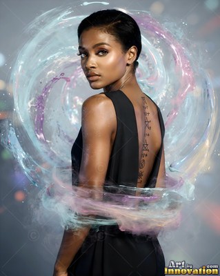 A spine tattoo marks a woman in a backless black dress circled by swirling mist