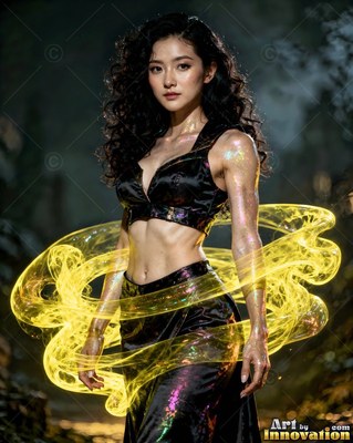 A woman with dark curly hair stands as bright yellow mist coils around her waist