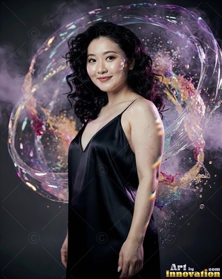 Looking toward the viewer in a dark room, a woman with a smile stands before a large purple bubble