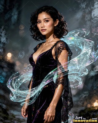A woman in a black velvet dress stands wrapped in shiny swirls of mist