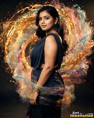 In a dark studio, a woman in a navy dress stands inside a swirl of golden mist