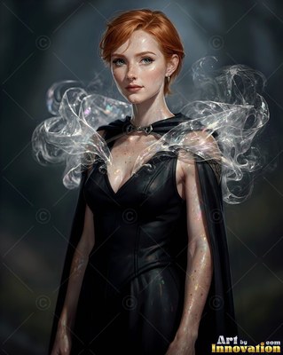 Standing in dim light, a red-haired woman wears a black dress with smoky ribbons over her shoulders