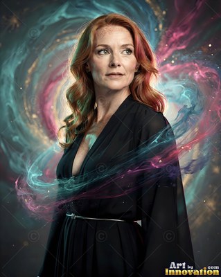 Woman with red hair in a black dress with swirling pink mist