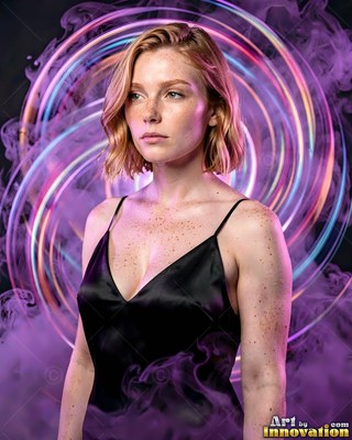 Freckled skin on a woman in a black slip dress before swirls of purple neon smoke and light
