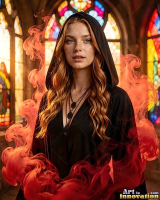 A hooded woman stands in a chapel surrounded by swirling red smoke