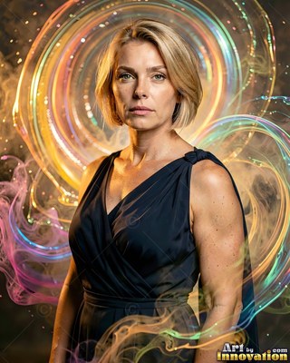 A blonde woman in a black dress stands inside swirling rainbow light trails