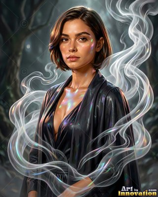 Standing outdoors at night, a woman in a black dress is encircled by pale smoke trails