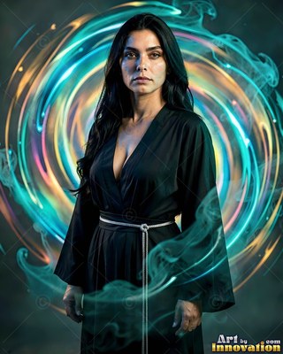 Woman in a black robe before a swirl of blue light