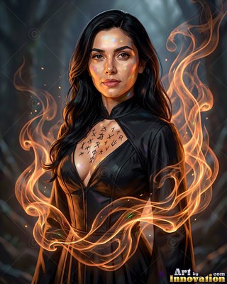 Markings cover the chest of a dark-haired woman in a black dress surrounded by orange smoke in woods