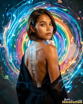 A woman looks back over her shoulder before a swirling ring of blue and rainbow light