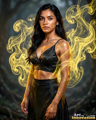 Standing straight in a dark forest, a woman is circled by yellow smoke ribbons