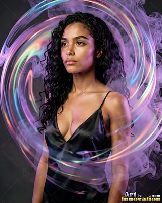 A woman in a black slip dress stands inside a swirl of purple smoke and light rings